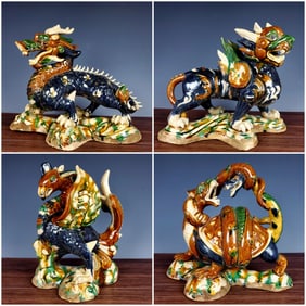 A Set of Rare Tang Tri-Color Glazed Pottery Auspicious Beast Ornaments