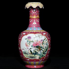 A Rare Famille-Rose Ruby Red-Glazed Flower and Bird Pattern Vase