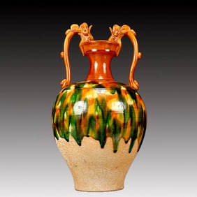 A Rare Tang Tri-Color Glazed Pottery Double Dragon Ears Vase