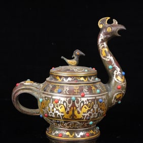 An Archaic Bronze Inlaid Gold and Silver Phoenix Pot,Inlaid Gems