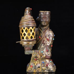 An Archaic Bronze Inlaid Gold and Silver Figure Palace Lantern,Inlaid Gems