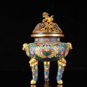 An Exquisite Cloisonne Flower Pattern Beast-Ears Tripod Censer