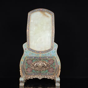 An Exquisite Cloisonne Inlaid White Jade Figure Pattern Table Screen,with poem
