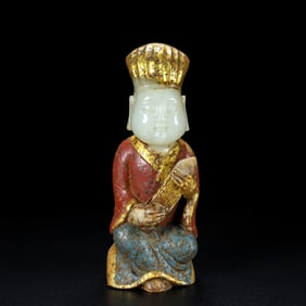 An Exquisite White Jade Gilt Figure Ornament