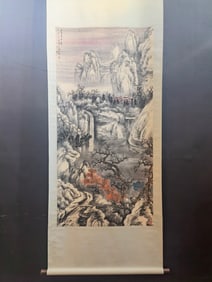 A Chinese Vertical Scroll Ink Painting of Landscape and Figure on Paper