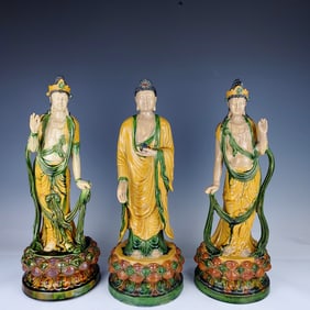 A Set of Rare Liao Tri-Color Glazed Pottery Buddha Statue