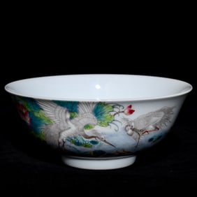 A Precious Famille-Rose Flower and Crane Pattern Bowl, With Poem