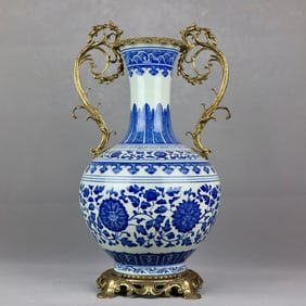 A Huge Blue and White Lotus Pattern Inlaid Bronze Flower Double-Ears Vase