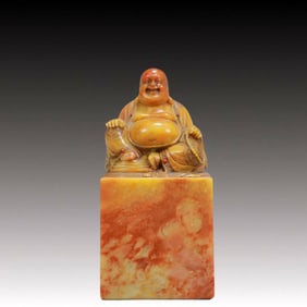 An Exquisite Shoushan Stone Inlaid Gems Maitreya Buddha Seal