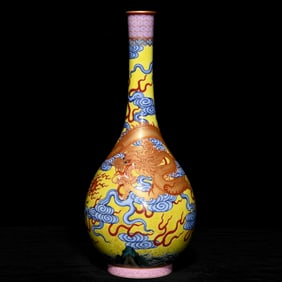 A Precious Yellow Ground Famille-Rose Painted Gold Auspicious Cloud and Dragon Pattern Vase