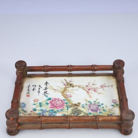 An Exquisite Huali wood Inlaid Porcelain Plaques Flower and Bird Pattern End Table