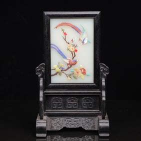 An Exquisite Zitanwood Inlaid Gems Animal Pattern Table Screen