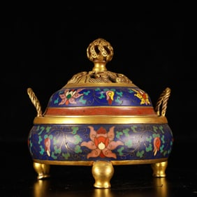 An Exquisite Cloisonne Lotus Pattern Double-Ears and Tripod Censer