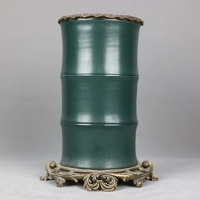 An Exquisite Celadon Glazed Inlaid Bronze Brush Pot