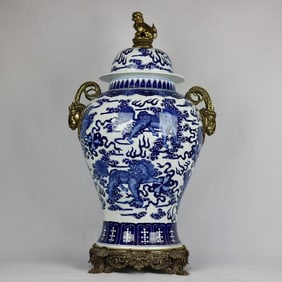 A Huge Blue and White Auspicious Beast Pattern Inlaid Bronze Sheep-Ears Jar