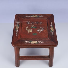 An Exquisite Huali wood Inlaid Gems Flower and Fish Pattern Stool