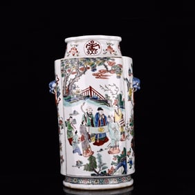 A Rare Wucai Character and Story Pattern Double-Ears Vase