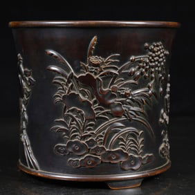 A Rare Bronze Flower and Fruit Pattern Brush Pot
