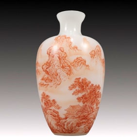 A Precious Coloured glaze Ruby Red-Glazed Landscape Pattern Vase,With Poem