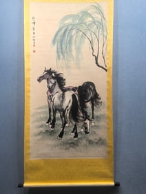 A Chinese Vertical Scroll Ink Painting of Horse on Paper
