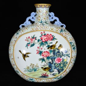 A Rare Famille-Rose Flower and Bird Pattern Double-Ears Vase