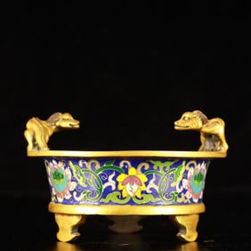 An Exquisite Cloisonne Lotus Pattern Beast-Ears Tripod Censer