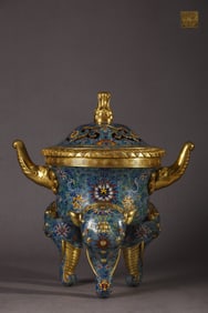 A Huge Cloisonne Enamel Lotus Pattern Double-Ears and Tripod Elephant Censer