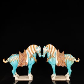 A Pair of Rare Tang Tri-Color Glazed Pottery Horse Ornaments