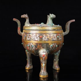 An Archaic Bronze Inlaid Gold and Silver Chi-Dragon Pattern Double-Ears and Tripod Censer,Inlaid