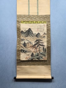 A Chinese Vertical Scroll Ink Painting of Landscape on Paper