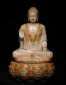 A Solemn Marble Painted Color Statue of Sakyamuni,With Scriptures