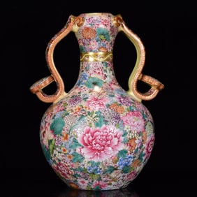 An Exquisite Famille-Rose Gilt Flower Pattern Double-Ears Vase