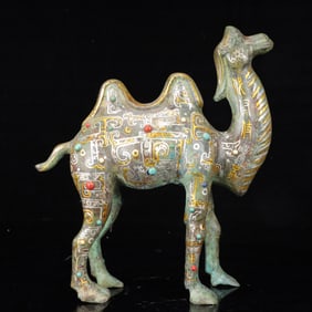 An Archaic Bronze Inlaid Gold and Silver Camel Ornament,Inlaid Gems