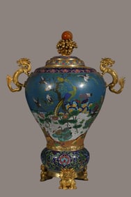 A Huge Cloisonne Enamel Flower and Bird Pattern Dragon-Ears and Beast Legs Cover Jar