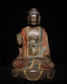 A Solemn Limestone Painted Color Statue of Sakyamuni