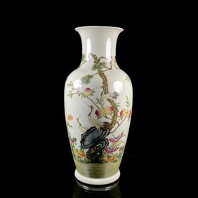 An Exquisite Famille-Rose Pine and Crane Pattern Vase