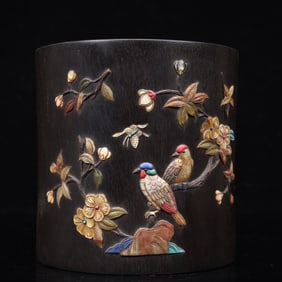 An Exquisite Zitanwood Inlaid Gems Flower and Bird Pattern Brush Pot,With Poem