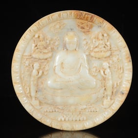 An Exquisite White Jade Statue of Sakyamuni Jade Pendant,with Poem