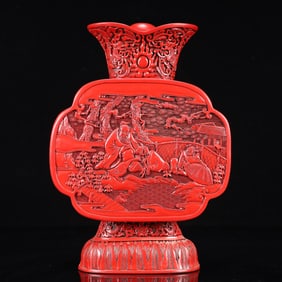 A Rare Carved Red Lacquer Landscape and Figure Pattern Vase