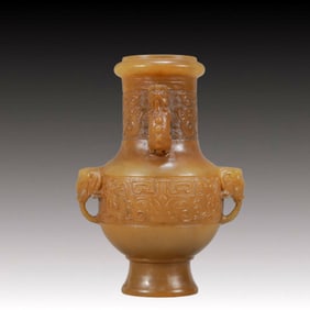 An Exquisite Shoushan Stone Beast-Face Pattern Elephant-Ears Vase