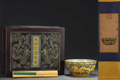 An Exquisite Blue and White Yellow Glazed Dragon Pattern Basin,with Vertical Scroll Painting on Silk