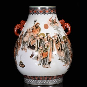 A Huge Ink Color Painted Gold Figure Pattern Double-Ears Vase,with Poem