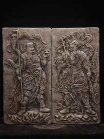 A Pair of Rare Limestone Statues of Heavenly King Ornaments