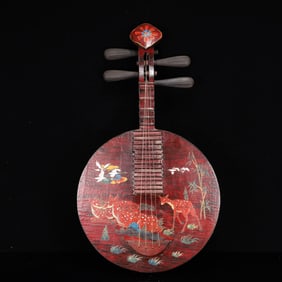 A Huge Carved Red Lacquer Crane and Deer Pattern Qin