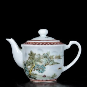 An Exquisite Light Crimson Color Landscape and Figure Pattern Teapot,With Poem