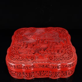 A Rare Carved Red Lacquer Landscape and Figure Pattern Box with Cover