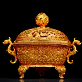 An exquisite gilt bronze tripod censer with auspicious animal patterns