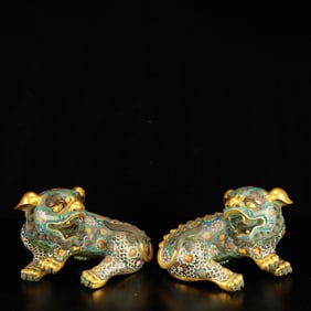 A Pair of Rare Cloisonne Lotus Pattern Auspicious Beast Ornament