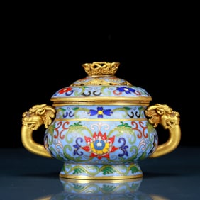 An exquisite cloisonné tangled lotus pattern double-eared censer with lid