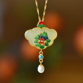 An Exquisite Sterling Silver Inlaid White Jade Landscape Pattern Necklace